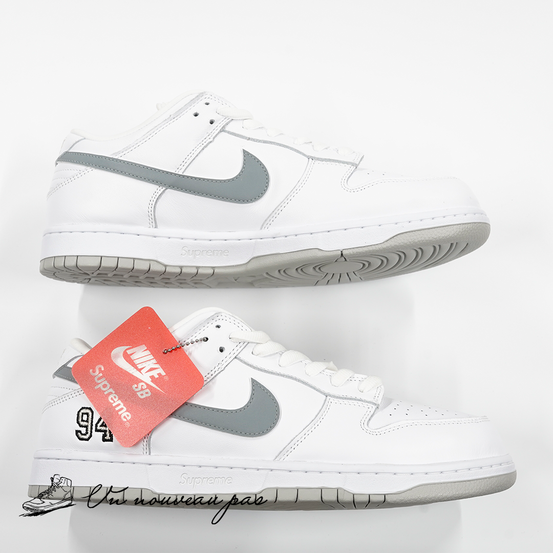 Supreme × Nike SB Dunk Low "White/Metallic Silver" (25FW Week2)